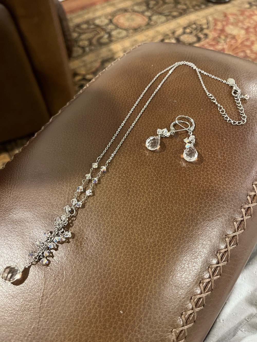 18” with extender Silver Crystal Drop Necklace and Earrings Set - Clear